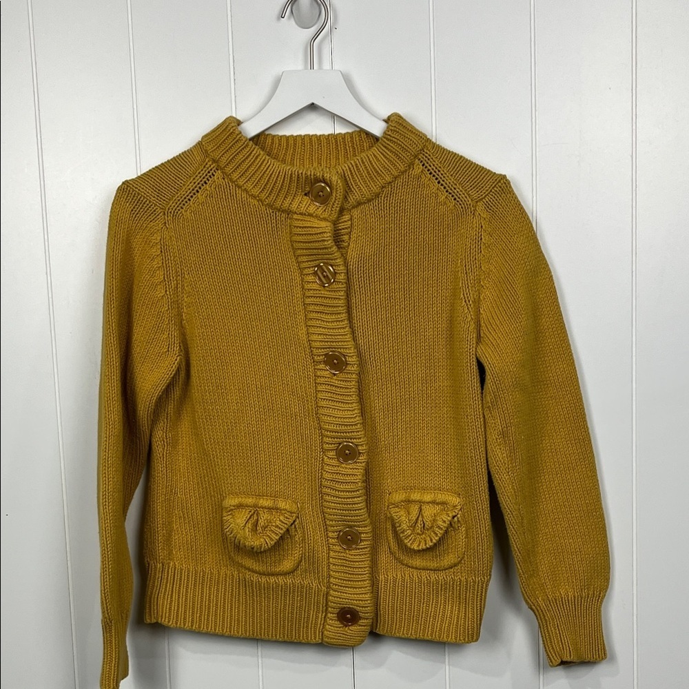 Preswick & Moore Womens Knit Cardigan LP Mustard Yellow Pleated Back Pockets EUC